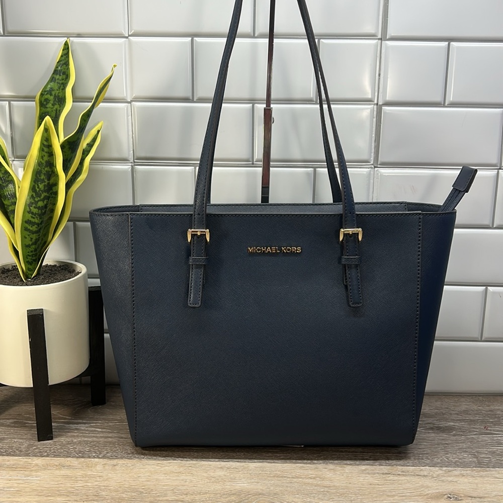 Michael Kors Navy Saffiano Leather Tote with Gold Hardware